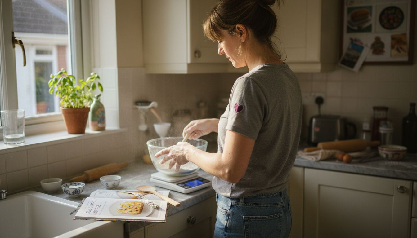 Baker measuring flour in home kitchen
