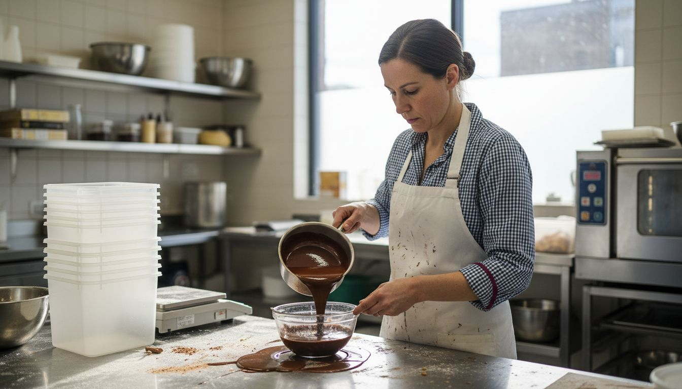 Chef pouring ganache in bakery kitchen