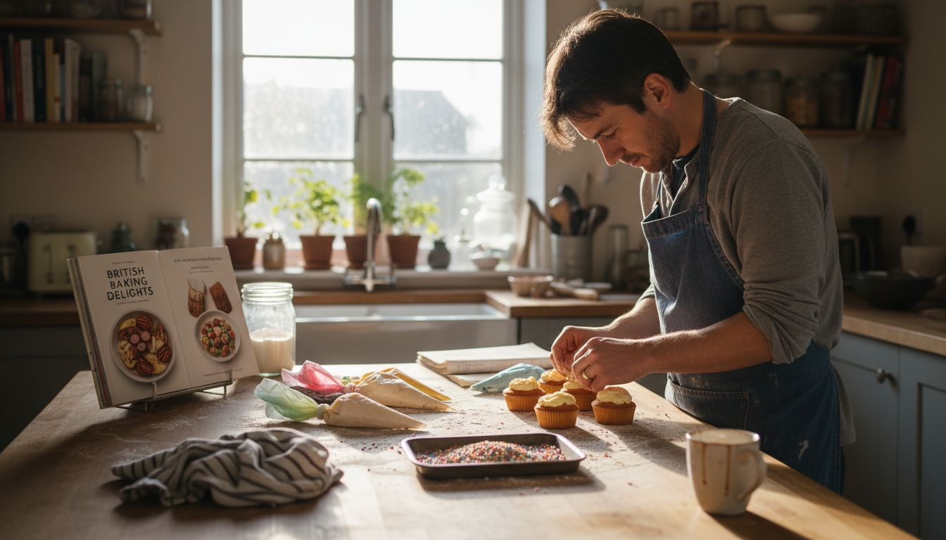 Person decorating mini cakes in kitchen
