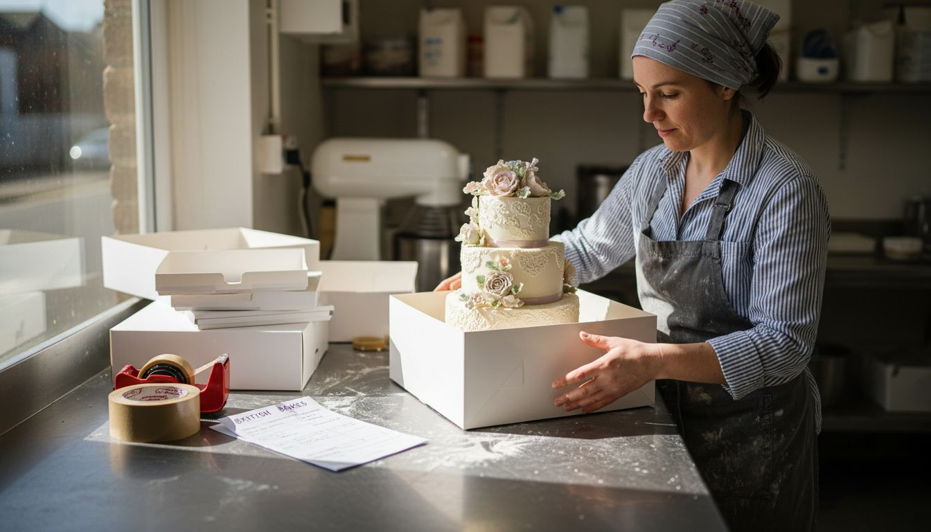Baker packaging tall cake into sturdy box