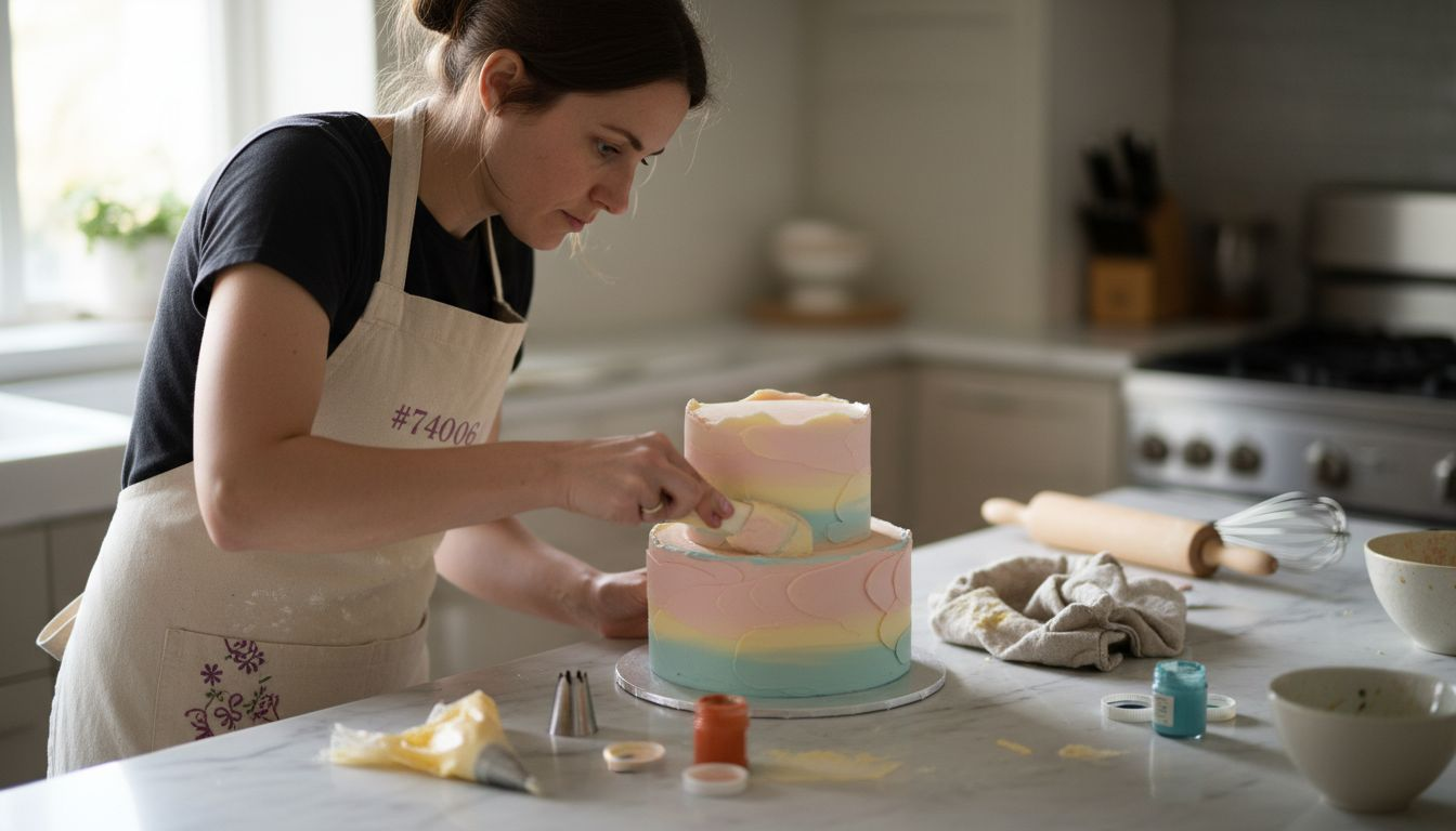 Baker colouring buttercream on kitchen counter
