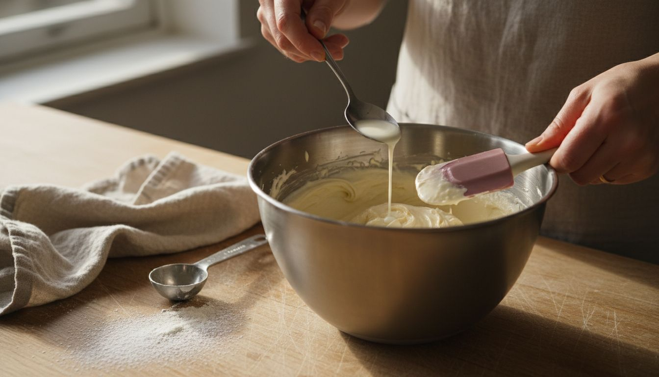 Pouring milk into stiff buttercream bowl