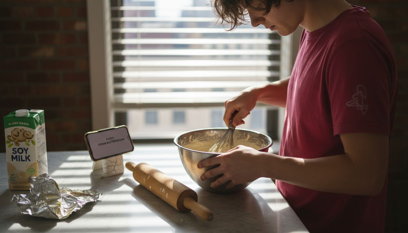 Baker preparing vegan buttercream at counter