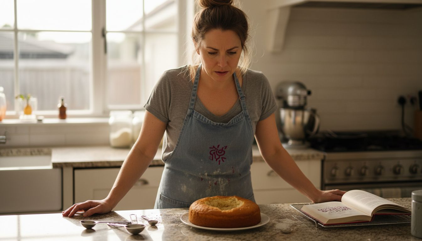 Baker inspecting sunken cake in kitchen