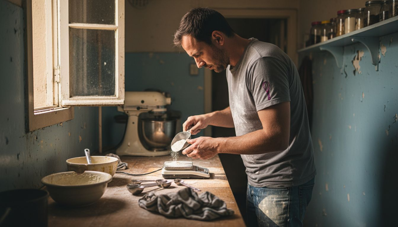 Baker weighs flour with kitchen scale
