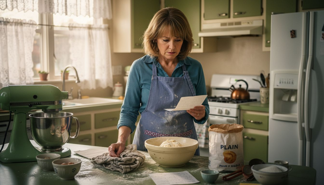 Concerned baker reading recipe in cluttered kitchen