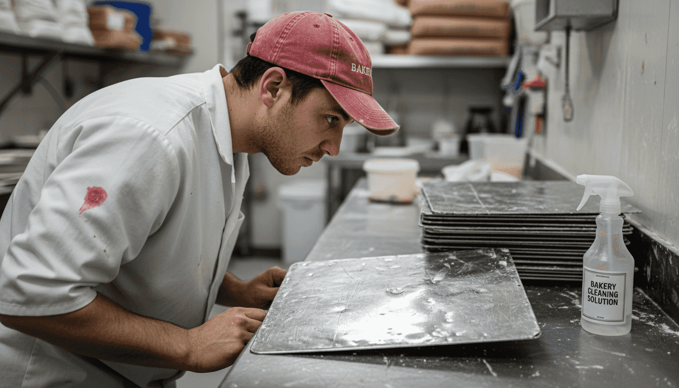 Worker checking scratched cake board