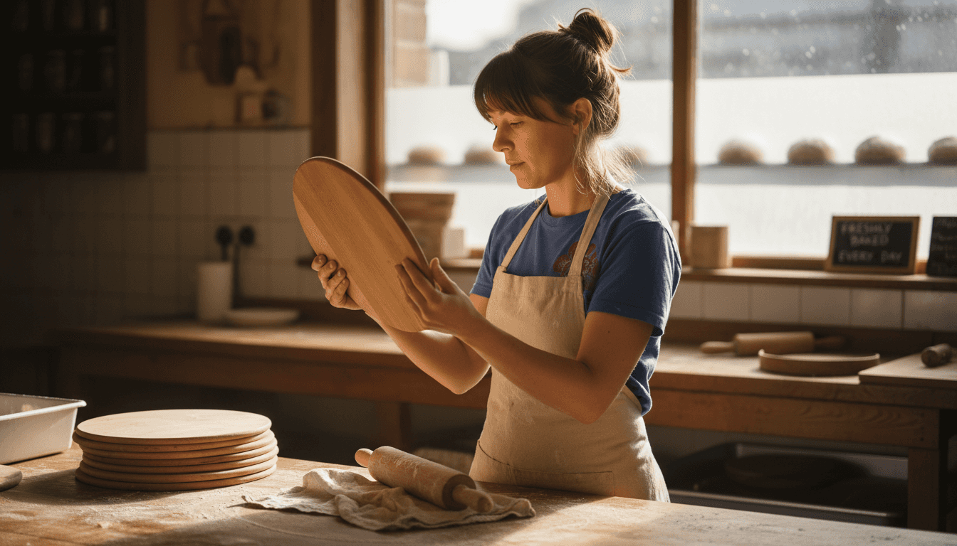 Baker inspecting cake board for hygiene