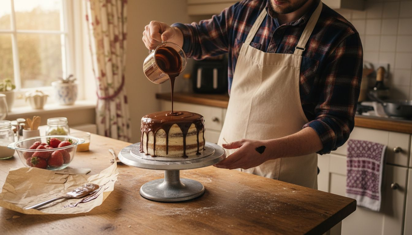 Baker pouring ganache over a layered cake