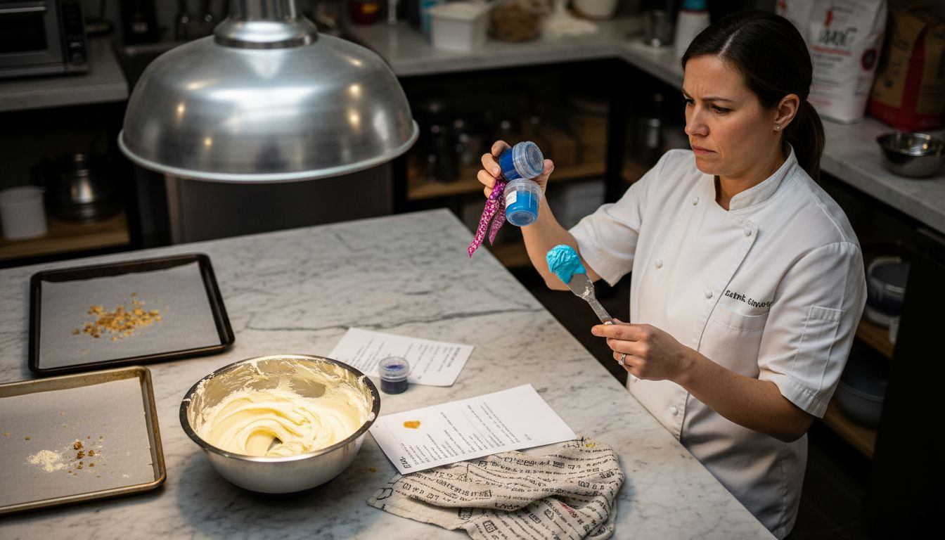 Pastry chef comparing gel and paste food colouring