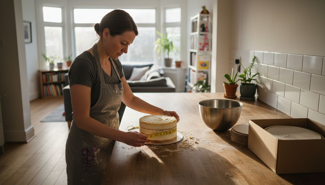 Baker measuring cake in bright kitchen setting