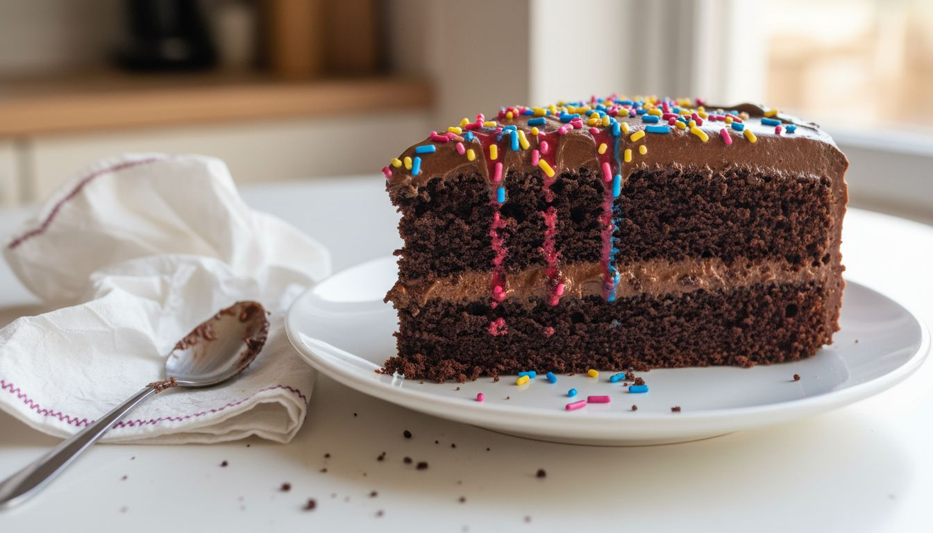 Close-up of sprinkles bleeding on cake slice