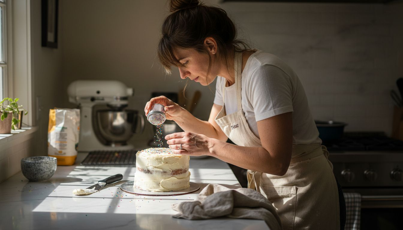 Home baker decorating cake with sprinkles