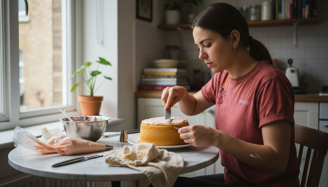 Baker spreading buttercream onto cake