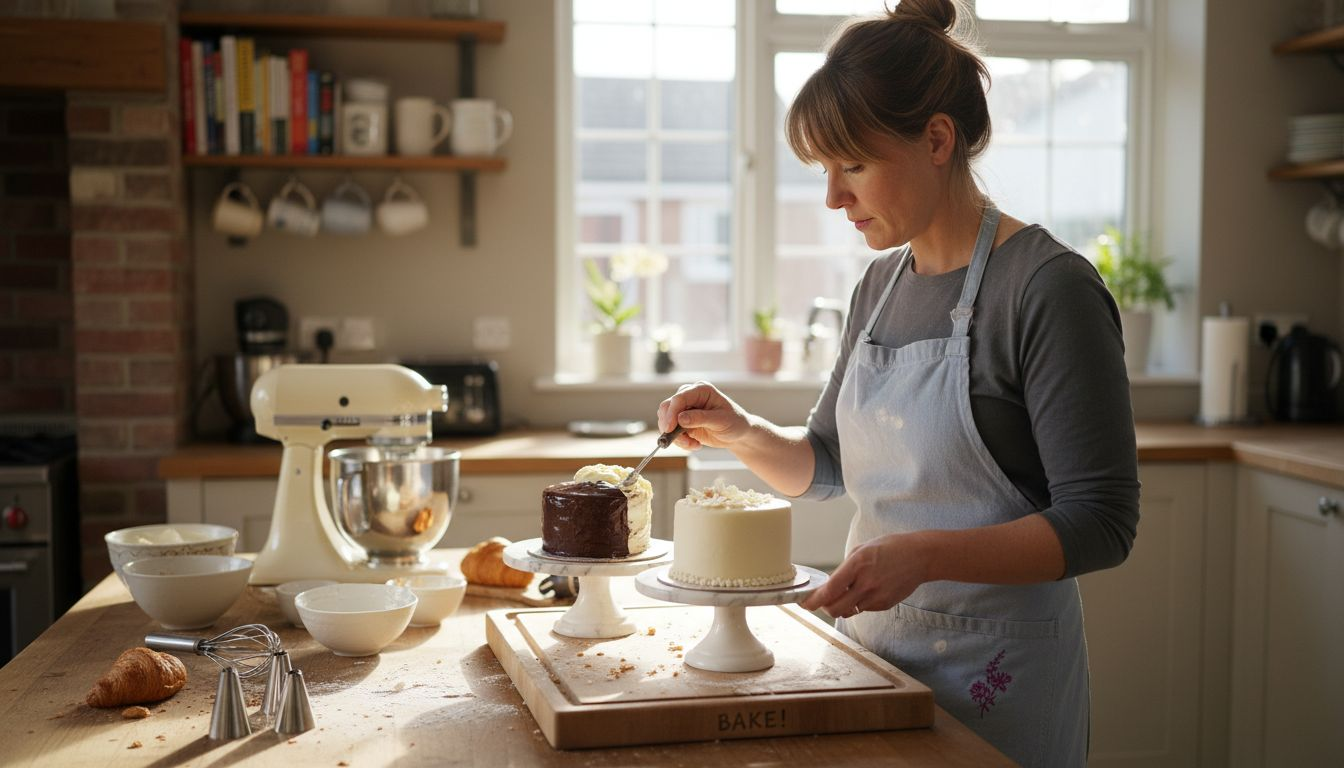 Baker comparing ganache buttercream fondant cakes