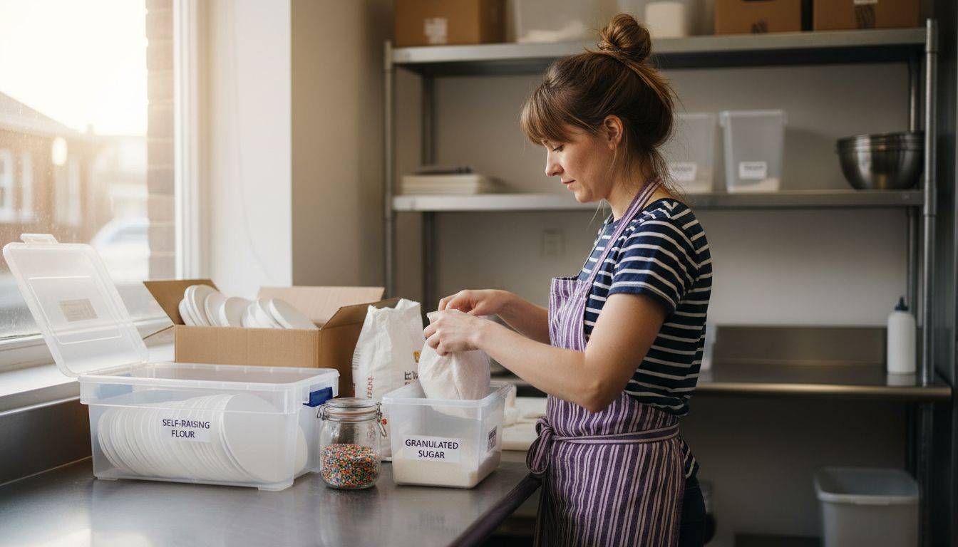 Baker organizing bulk baking supplies workspace
