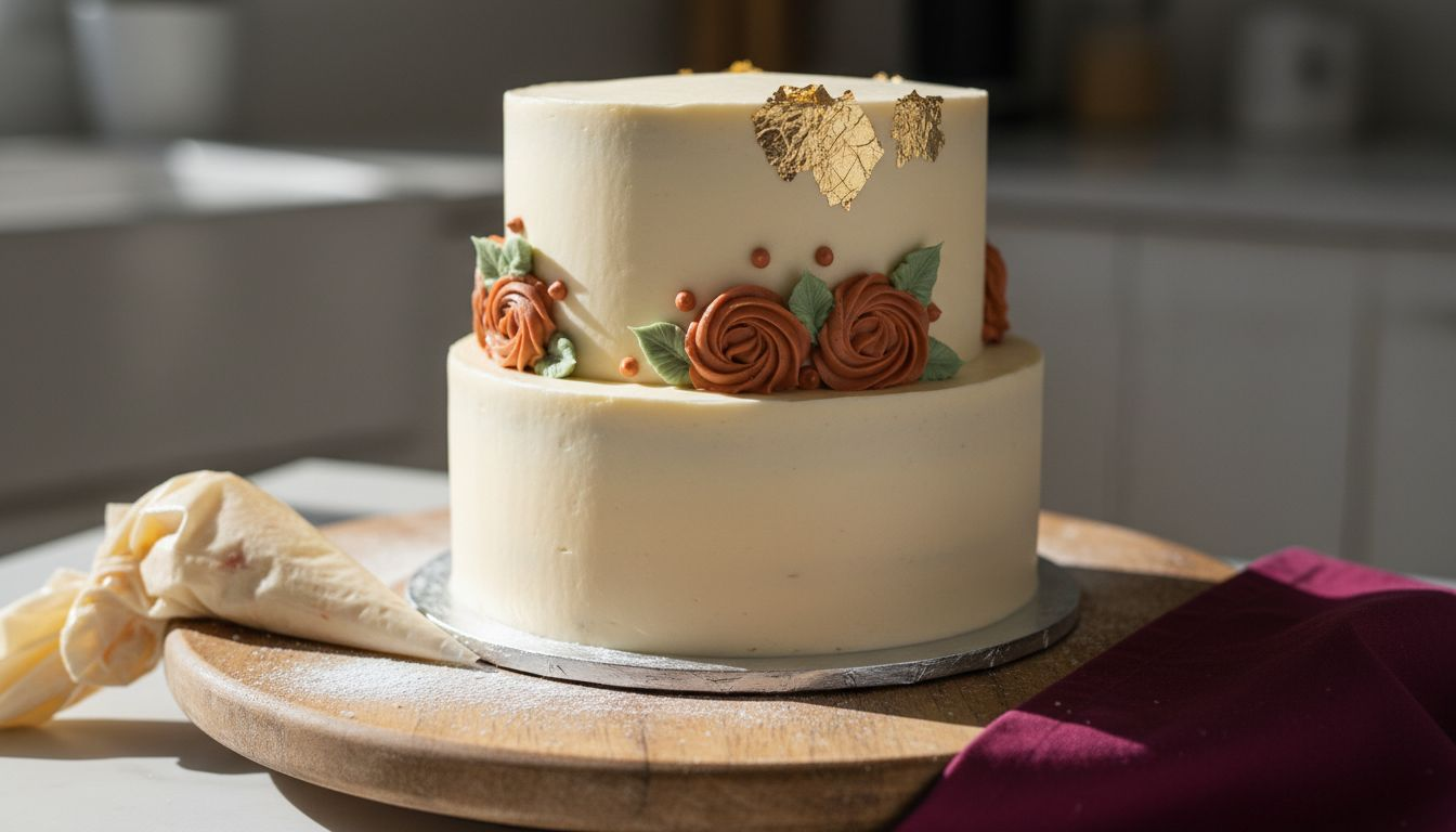 Detail of cake with terracotta and sage piping