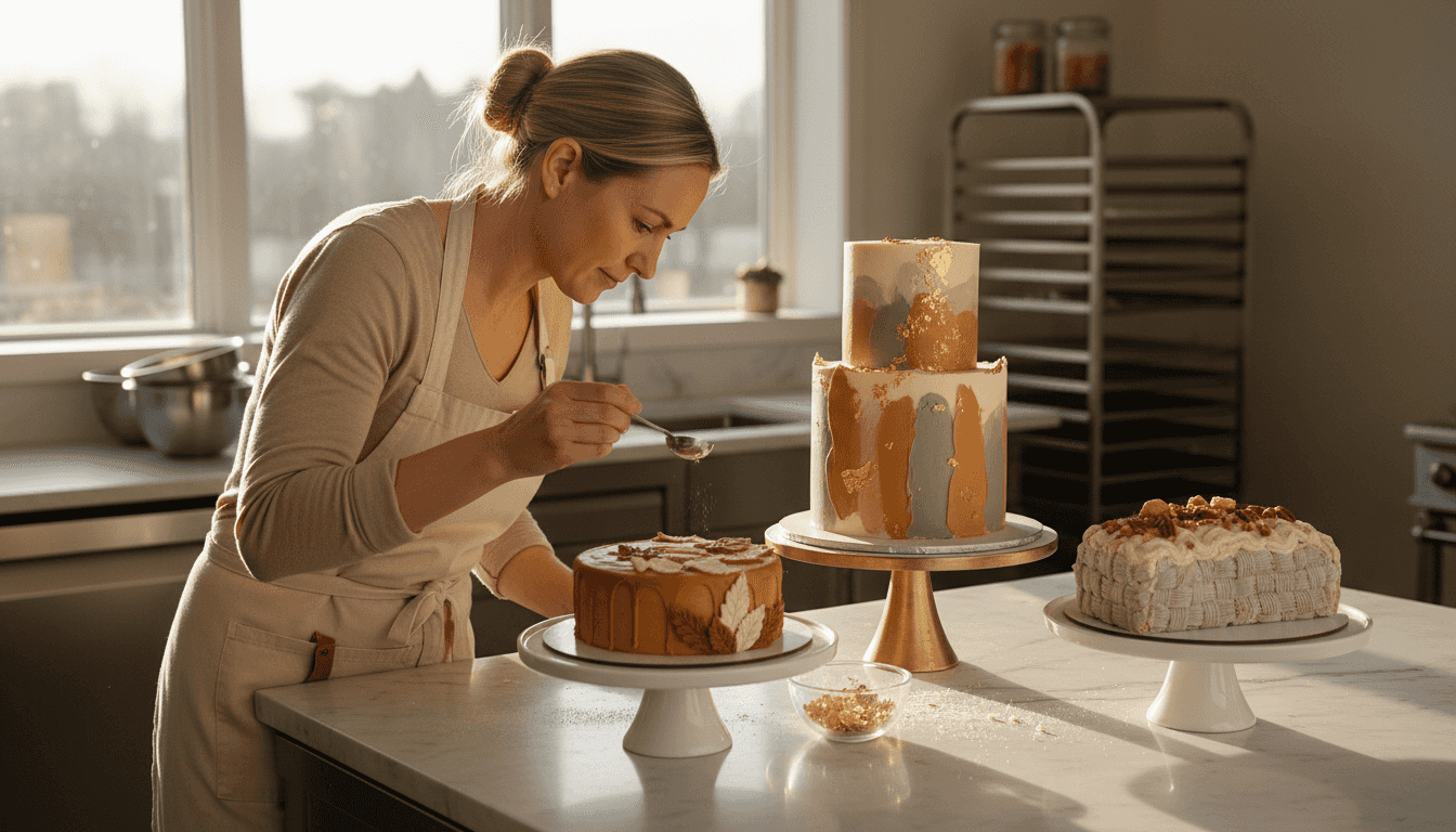 Pastry chef with cakes in autumn palettes