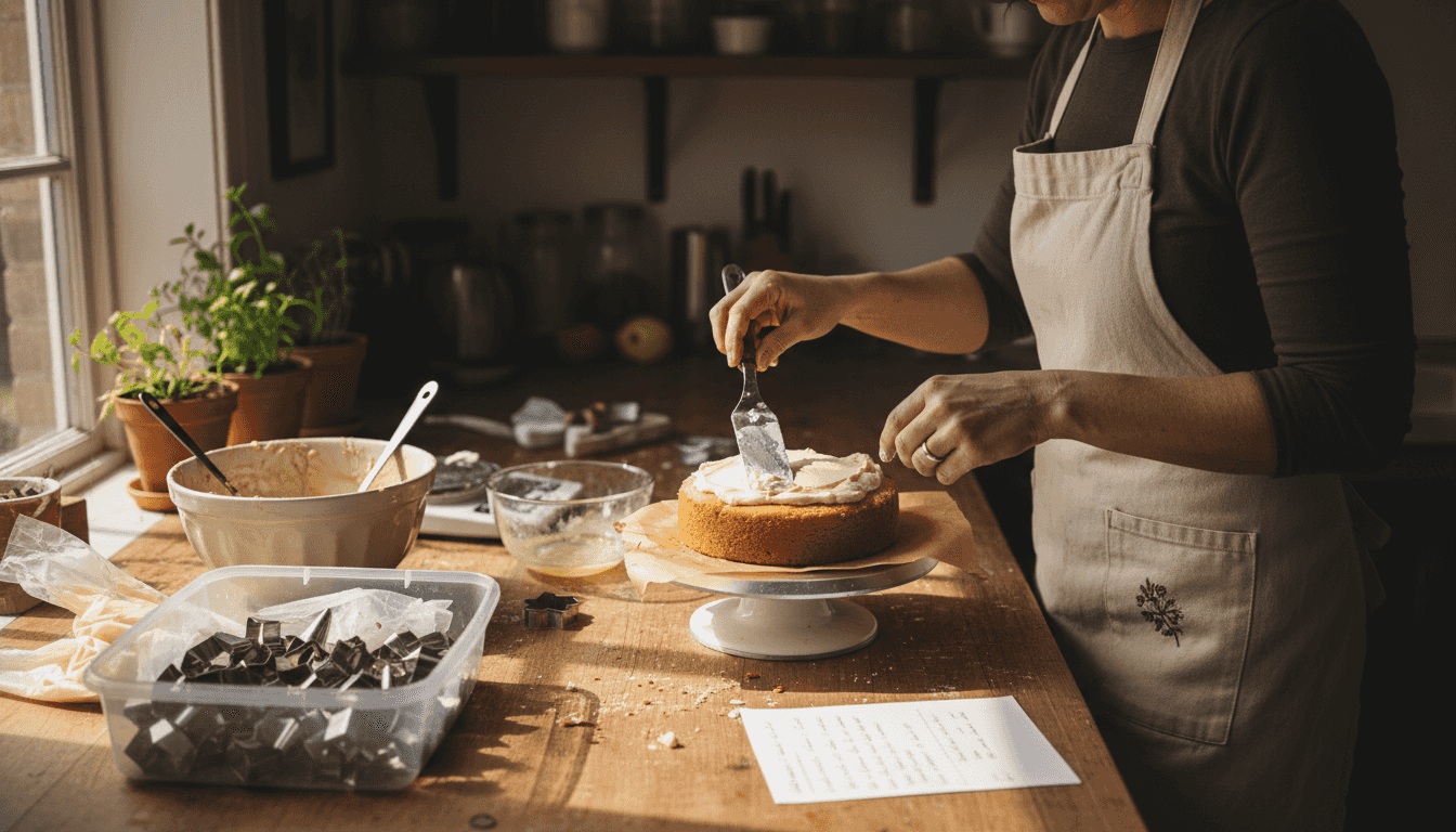 Baker decorating cake with essential tools