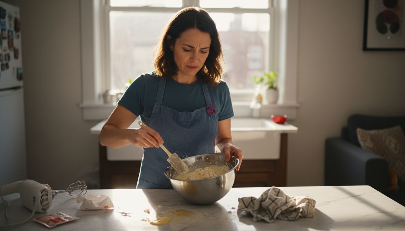 Baker examines grainy buttercream at kitchen counter