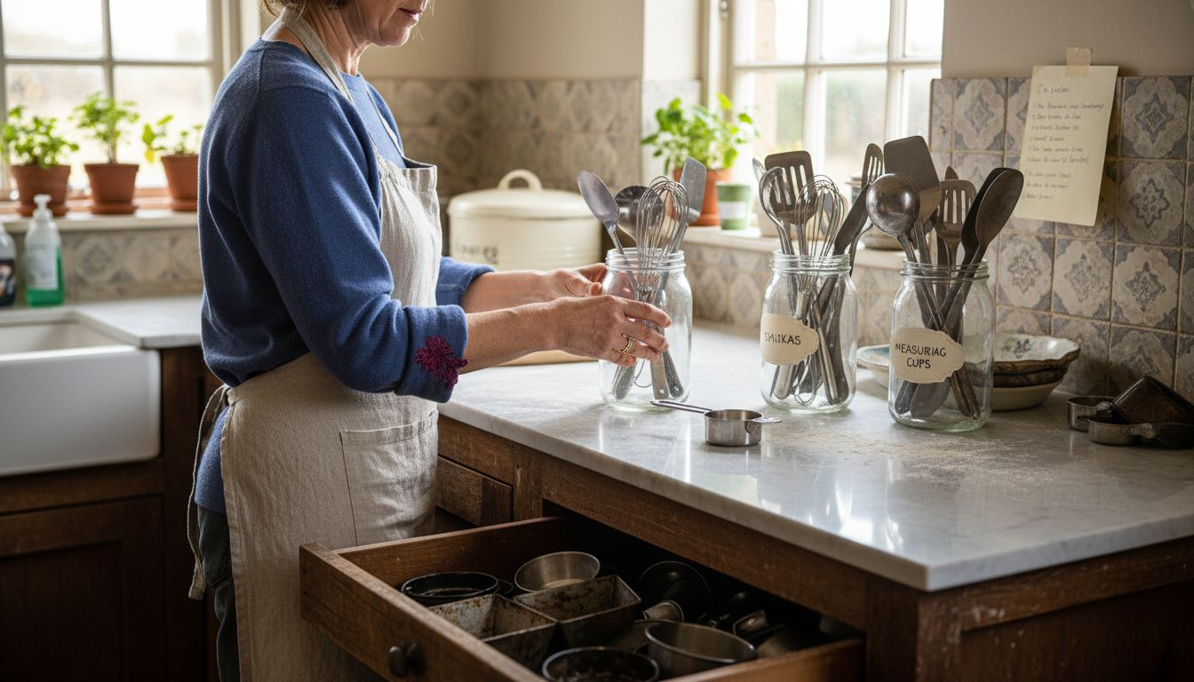 Woman organising baking tools in kitchen