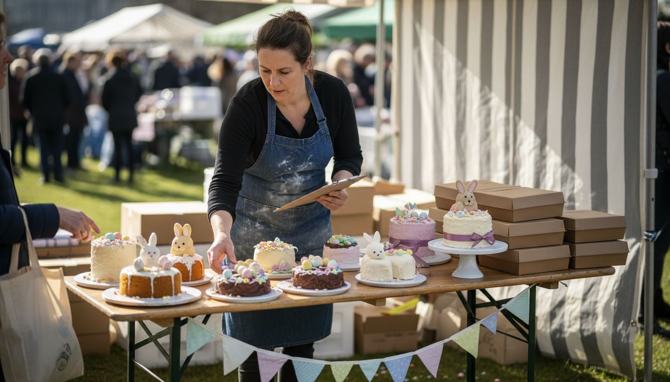 Bakery vendor setting up Easter cakes at market