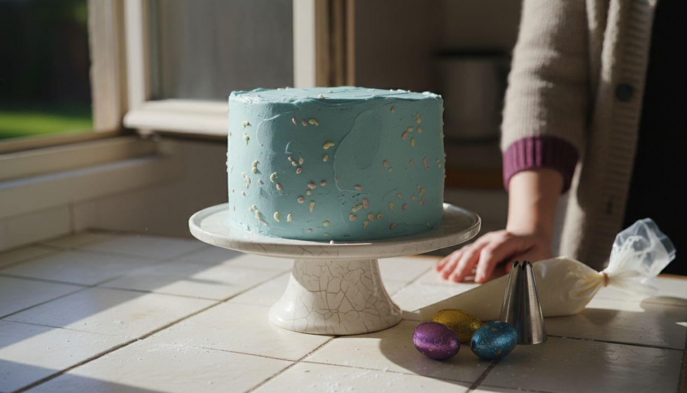 Close-up minimalist speckled egg Easter cake