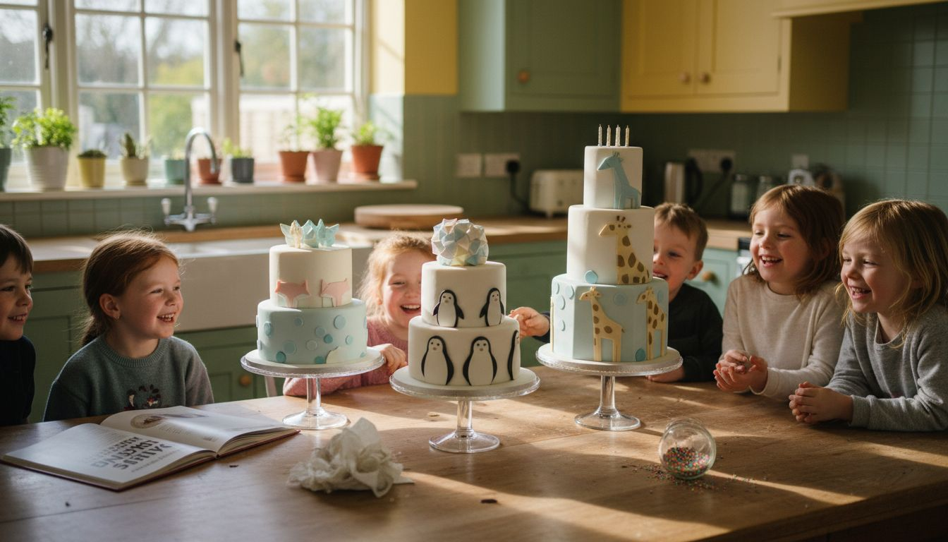 Children crowd around trendy birthday cakes