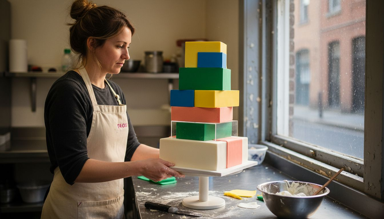 Baker assembles geometric tiered birthday cake