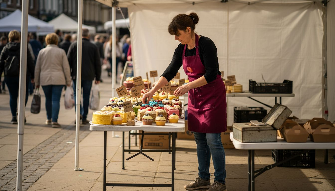 Woman arranging cakes at UK market stall