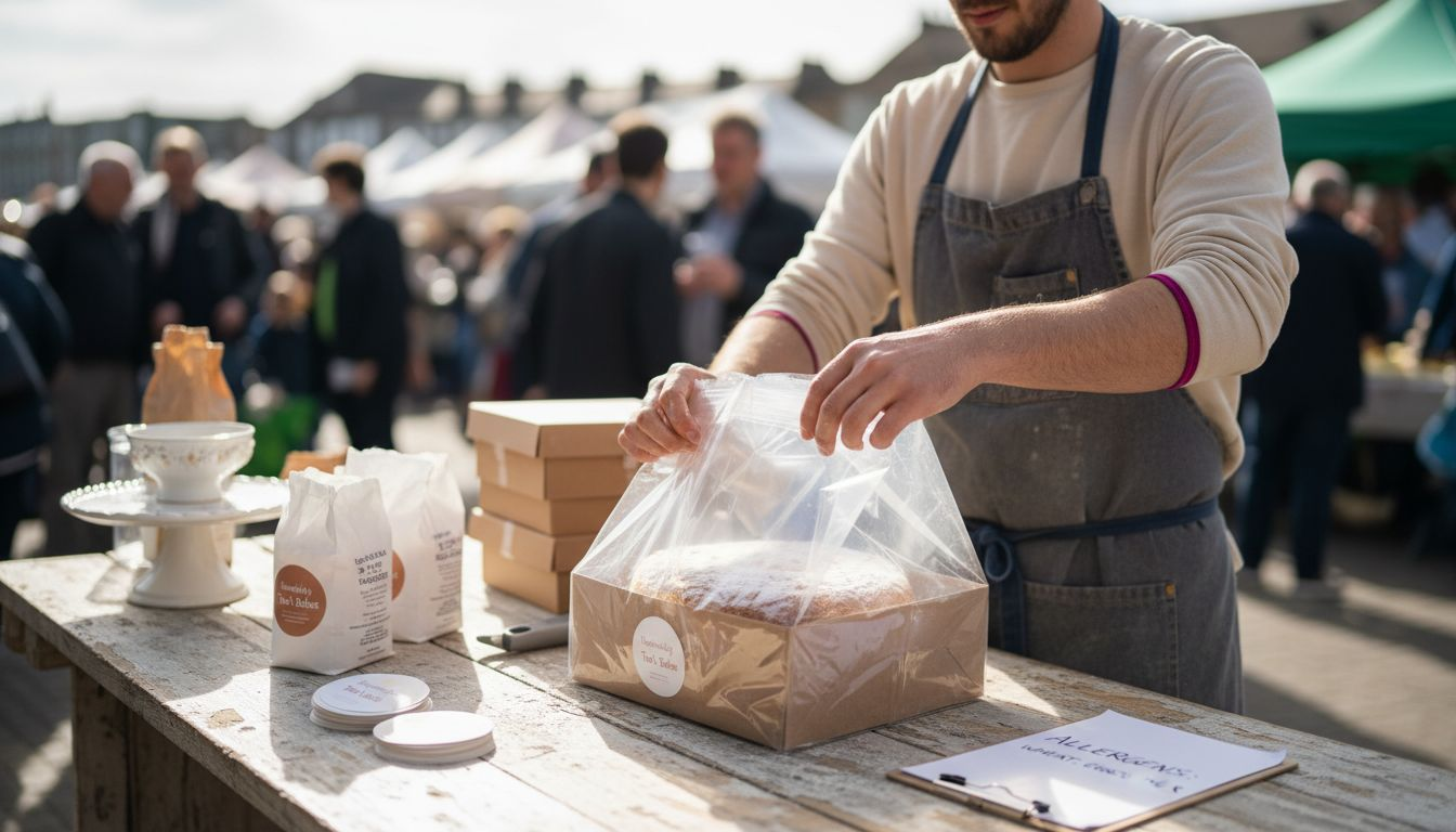Seller packaging cakes behind market stall