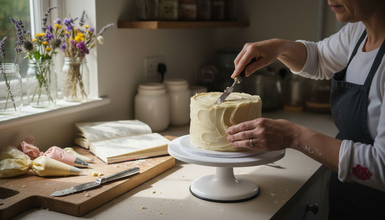 Baker decorating cake with textured buttercream