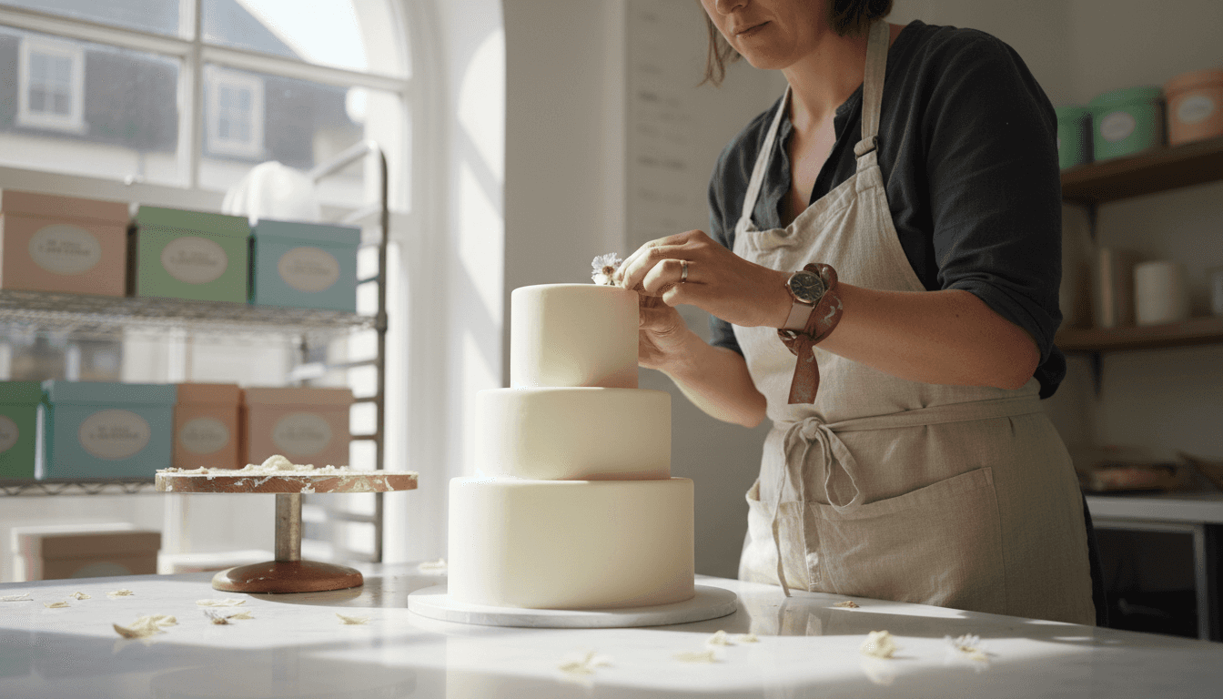 Wedding cake designer finishing sculptural spring cake