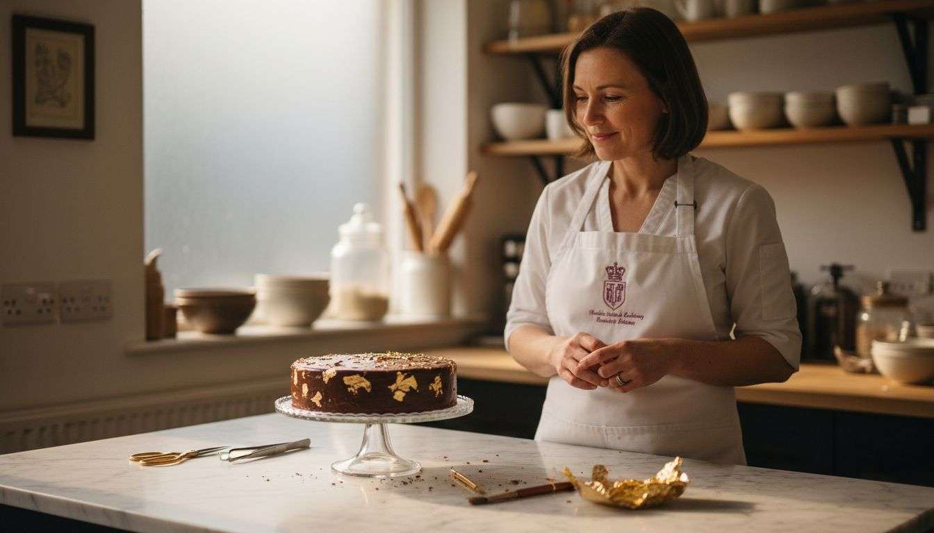 Pastry chef admires finished gold leaf cake