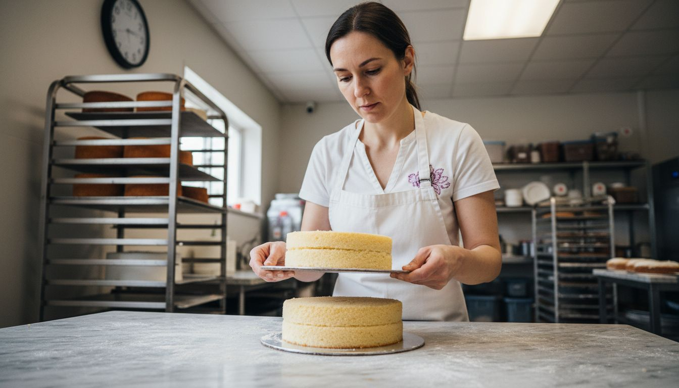Baker assembling cake on sturdy board