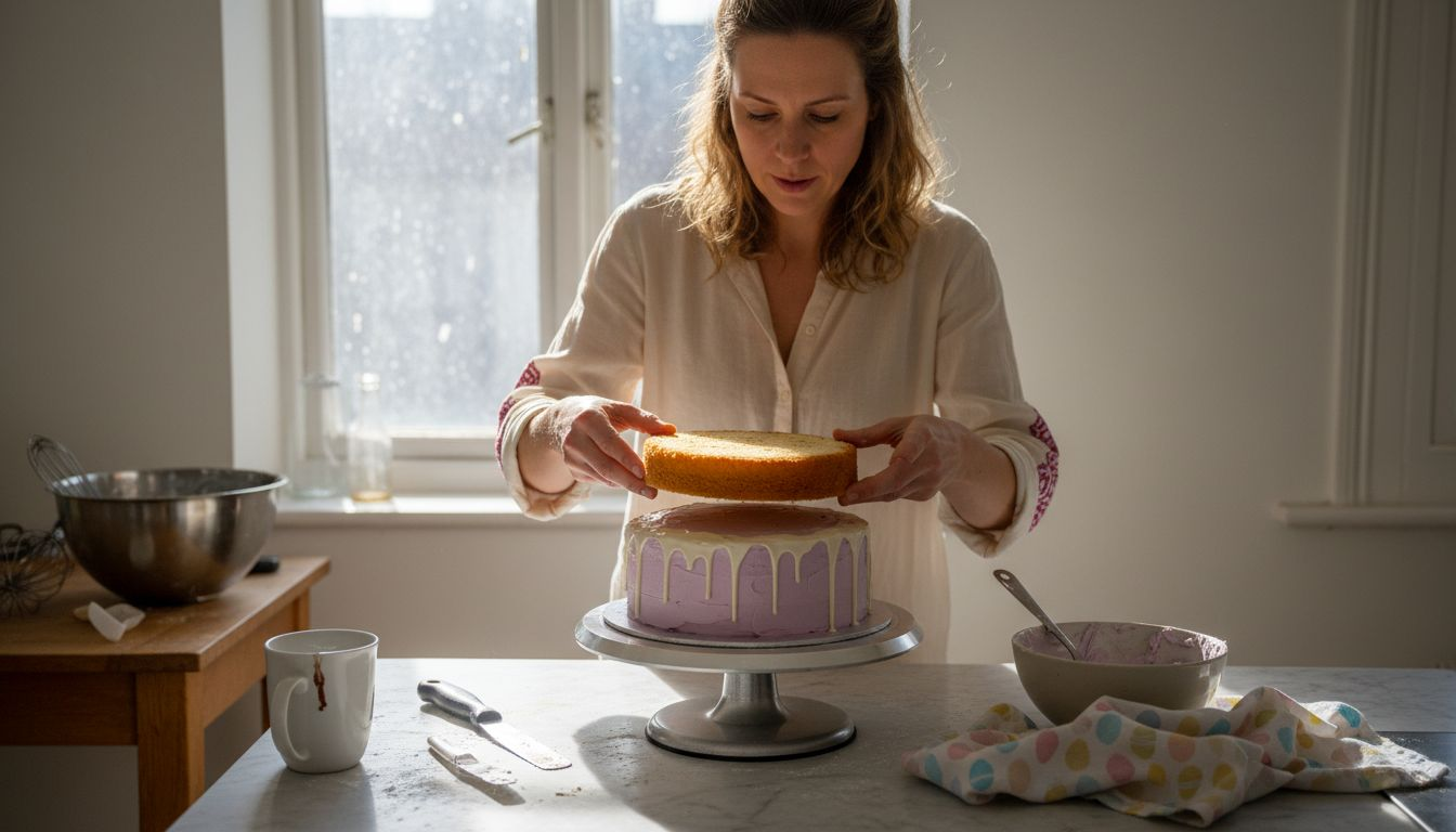 Baker assembling layers for Easter drip cake