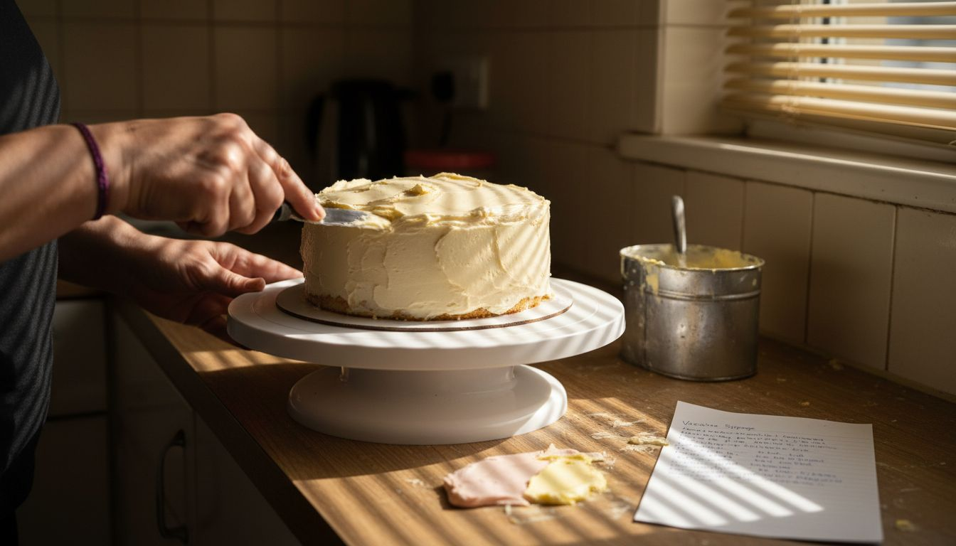 Hands smoothing buttercream frosting on cake