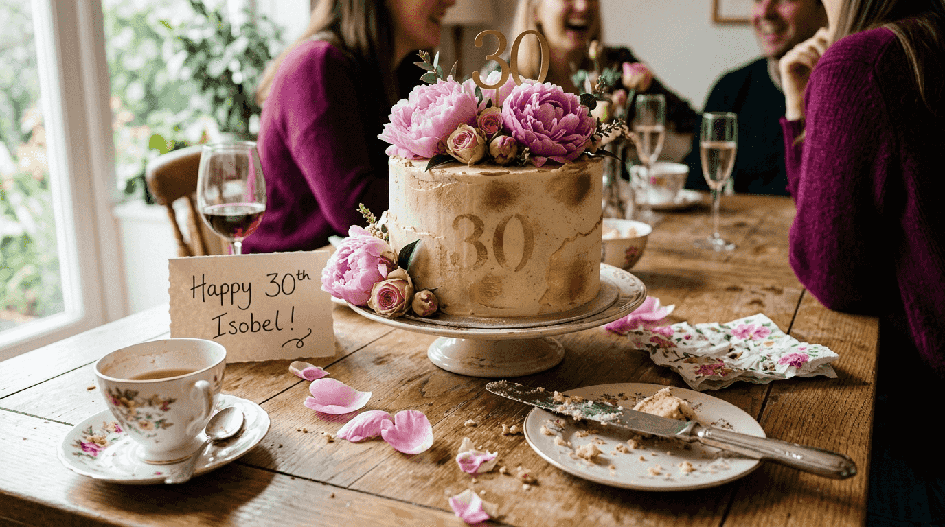 Floral gold 30th birthday cake on rustic table