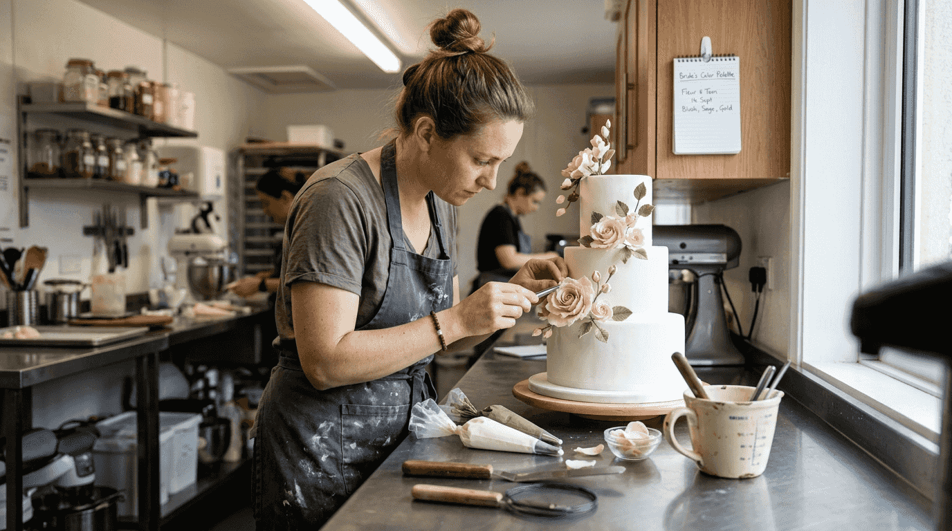 Chef decorating cake with sugar flowers