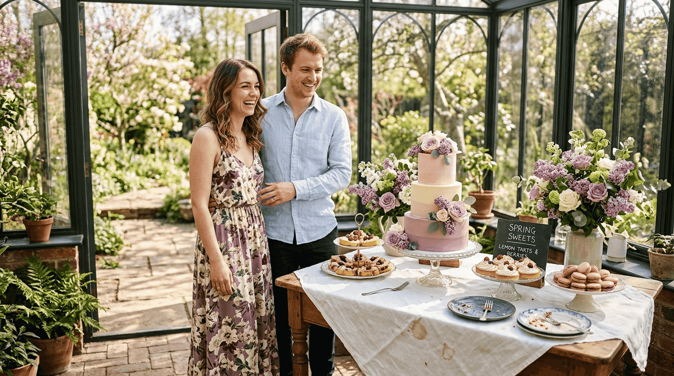 Spring wedding dessert table with cakes and pastries
