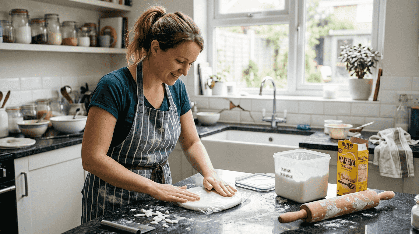 Baker preparing fondant for storage at kitchen island