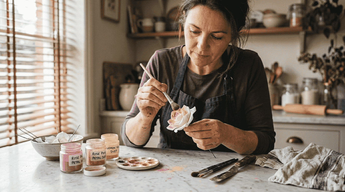 Applying powdered color dust to sugar petals