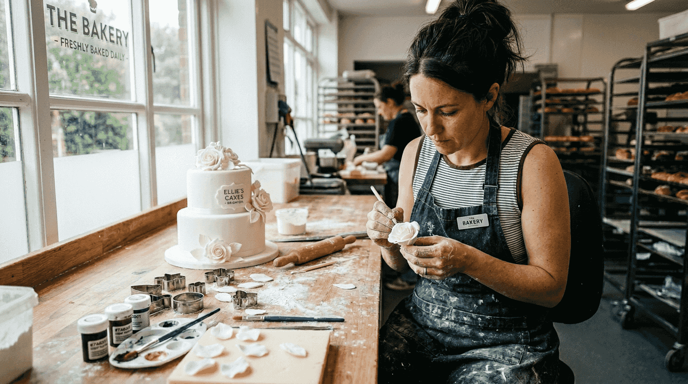 Decorator shaping sugar flower petals in bakery