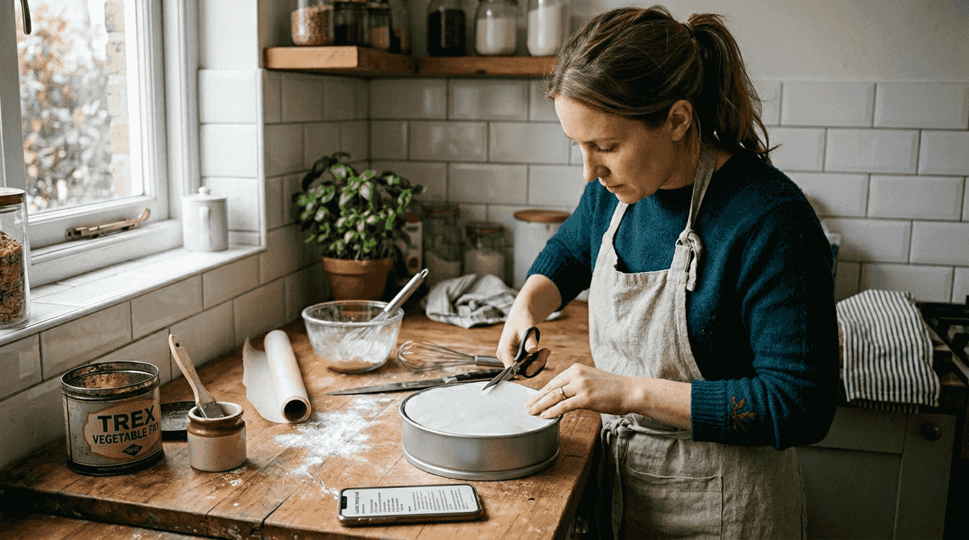 Baker preparing cake tin with supplies