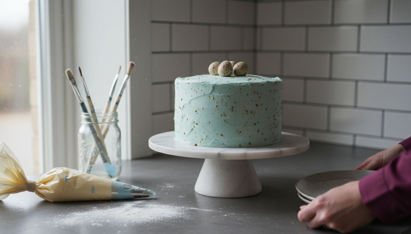 Minimalist speckled egg cake on marble stand