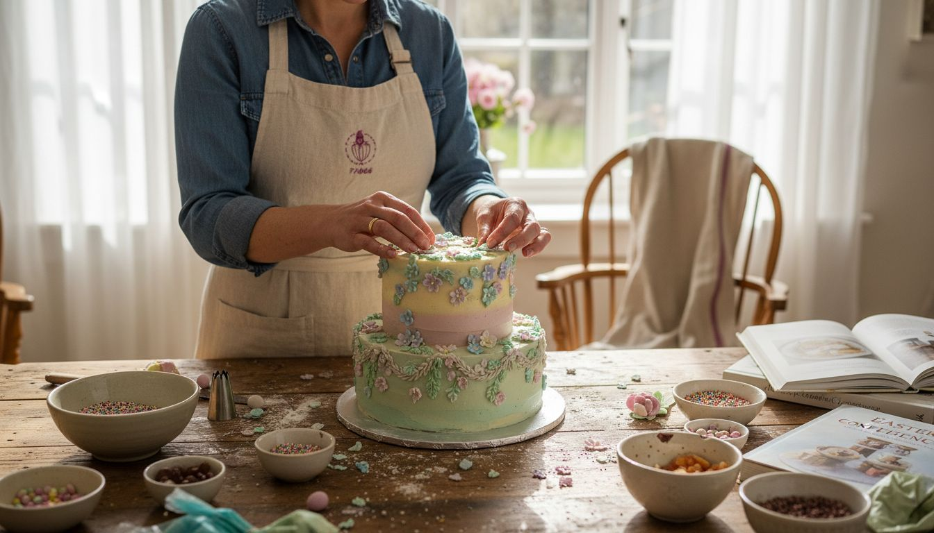 Person decorating Easter cake with edible flowers