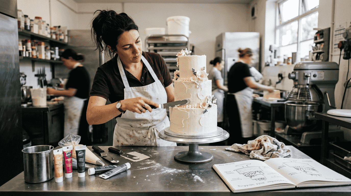 Decorator smoothing wedding cake in bakery