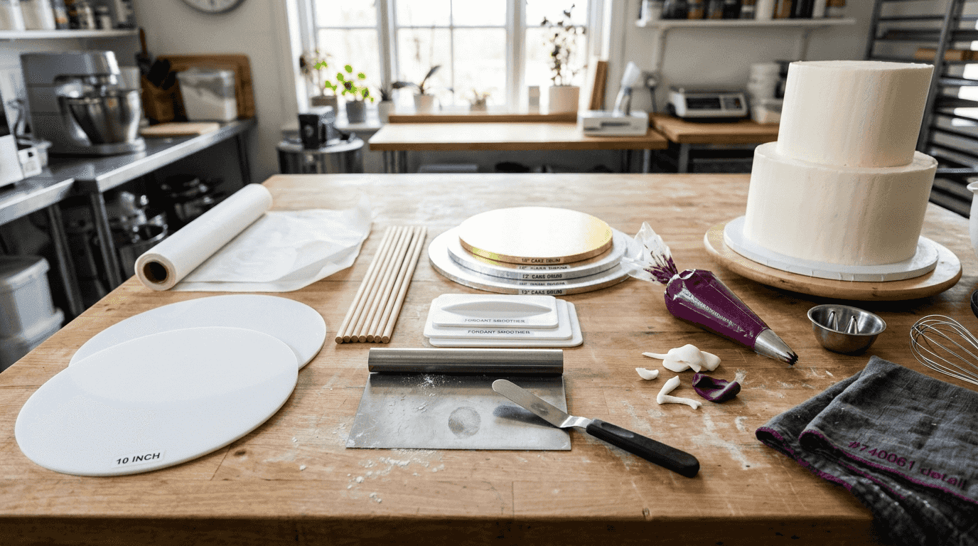 Professional wedding cake decorating tools displayed