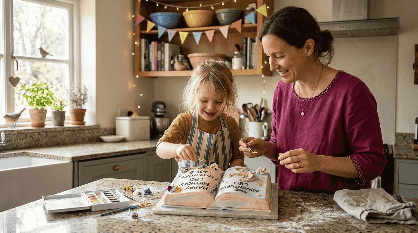 Family decorating a trendy 2026 birthday cake