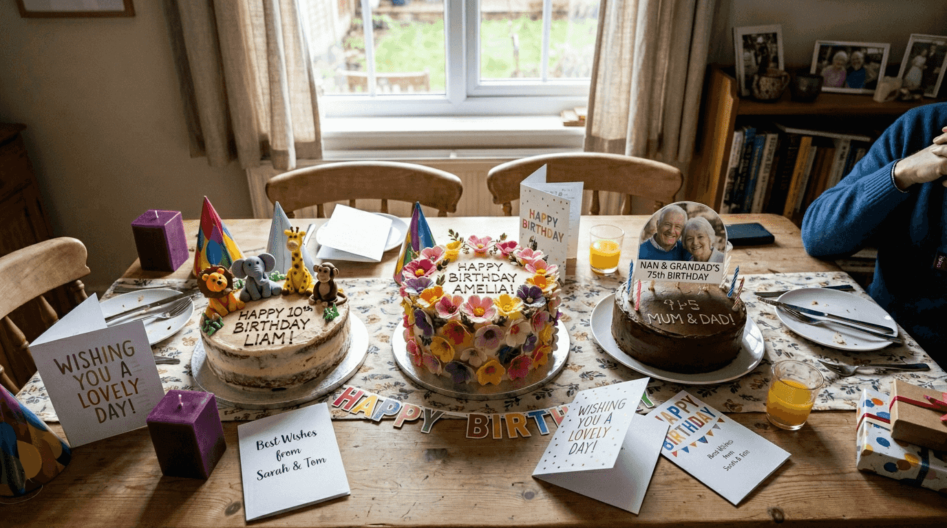 Three themed birthday cakes on dining table